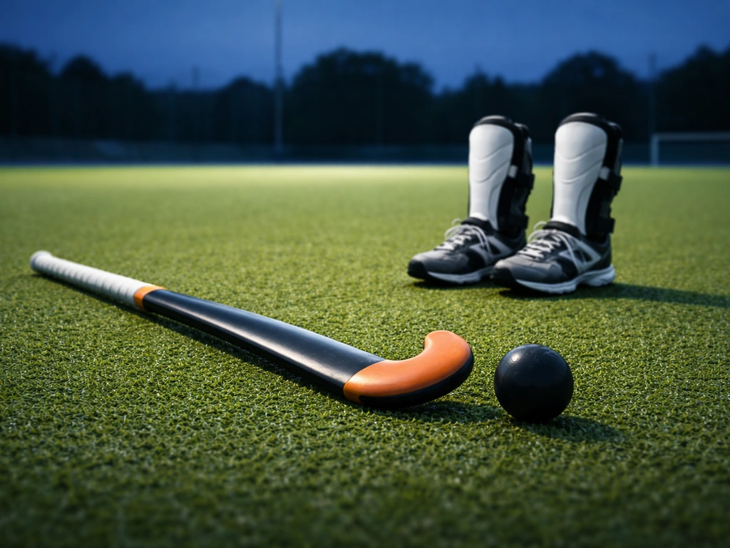 Crosse, balle et protège-tibias alignés sur un terrain de hockey sur gazon, ambiance dynamique et minimale.