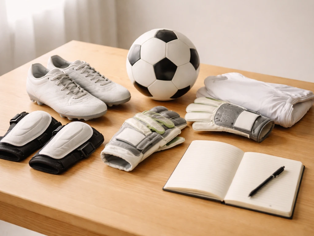 Table avec chaussures, protège-tibias, ballon et gants de gardien, évoquant une checklist avant achat