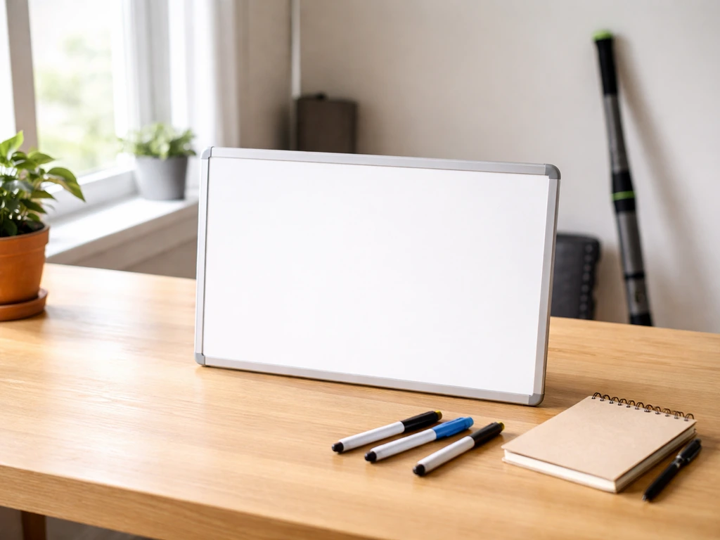 Tableau pratique minimal sur un bureau : éclairage naturel, accessoires de sport et marqueurs, sans texte.