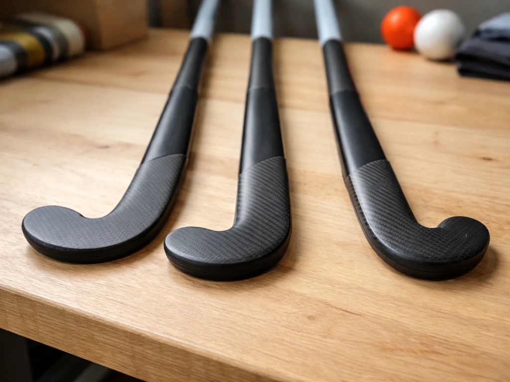 Trois sticks de hockey à courbures différentes (low, mid, high bow), vue rapprochée des lames sur une table en bois.