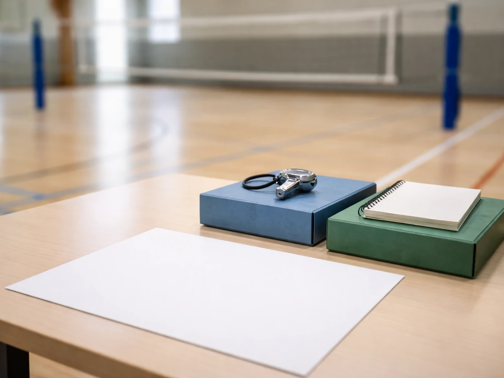 Sifflet et carnet vides sur une table, dans un gymnase, évoquant le format d’un tournoi sportif.