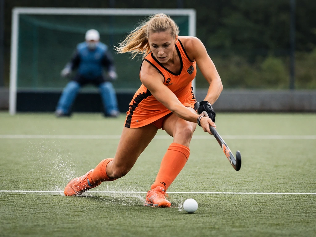 Match de hockey sur gazon en finale dames, joueuses néerlandaises en action près du but