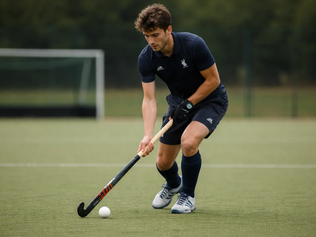 Joueur de hockey sur gazon en entraînement sur un terrain français, pelouse verte et buts flous en arrière-plan.