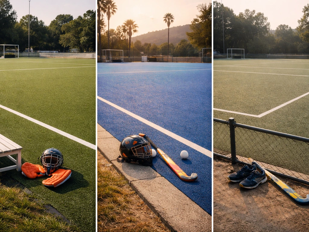 Trois terrains de hockey sur gazon côte à côte, matériel et ambiances distinctes évoquant France, Espagne et Inde.