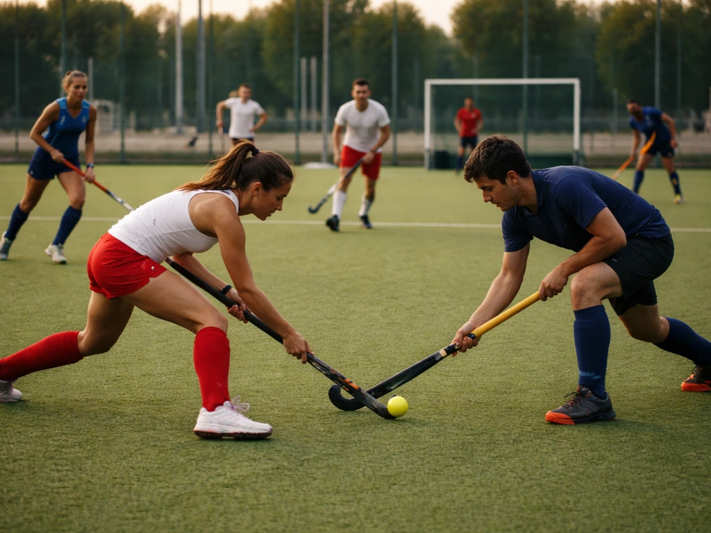 Entraînement de hockey sur gazon synthétique extérieur, joueurs en mouvement, ambiance dynamique