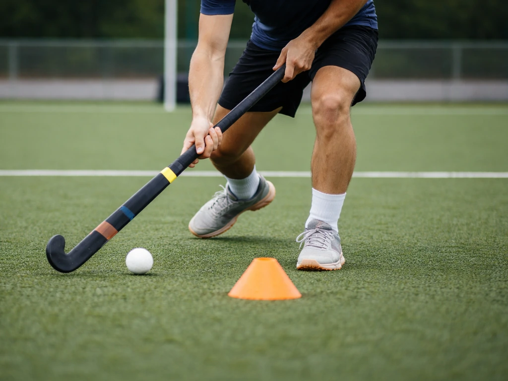 Joueur anonyme de hockey sur gazon contrôlant la balle en séance d’entraînement, terrain synthétique.