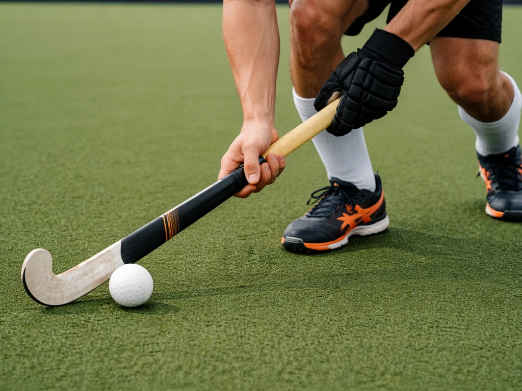 Gros plan d’une crosse et d’une balle de hockey sur gazon, posture de dribble avec le côté plat.
