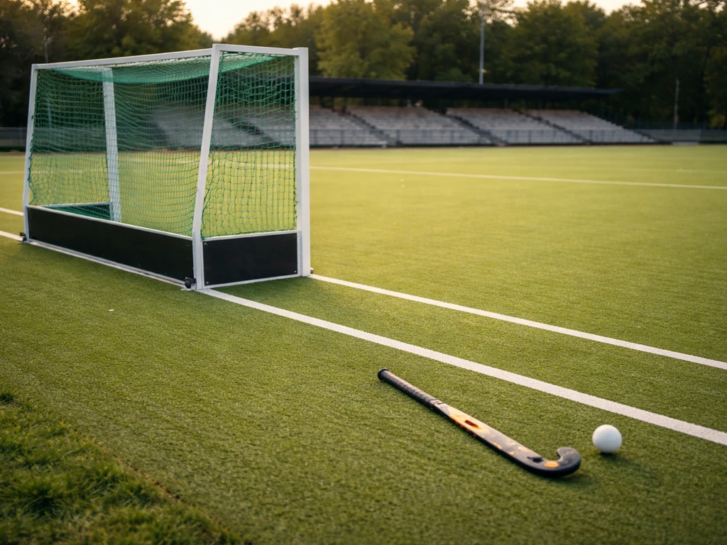 Terrain de hockey sur gazon en France, bâton et balle près du but, ambiance de match.