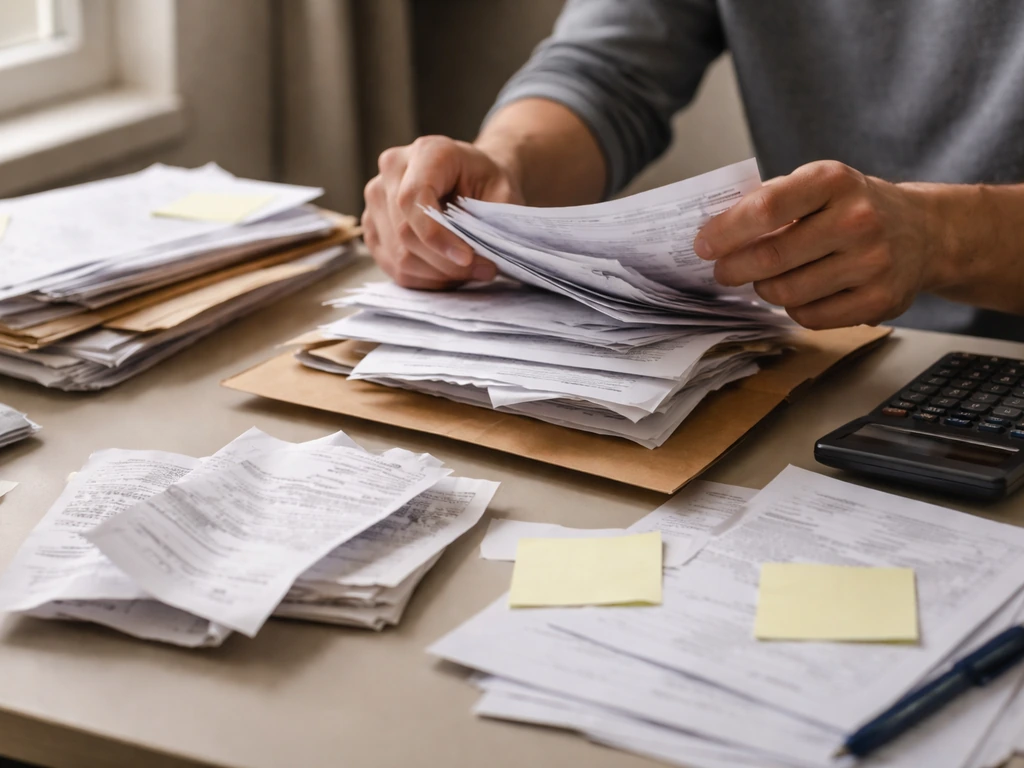 Mains anonymes qui trient des documents flous sur un bureau, ambiance recherche d’informations sur des remboursements.
