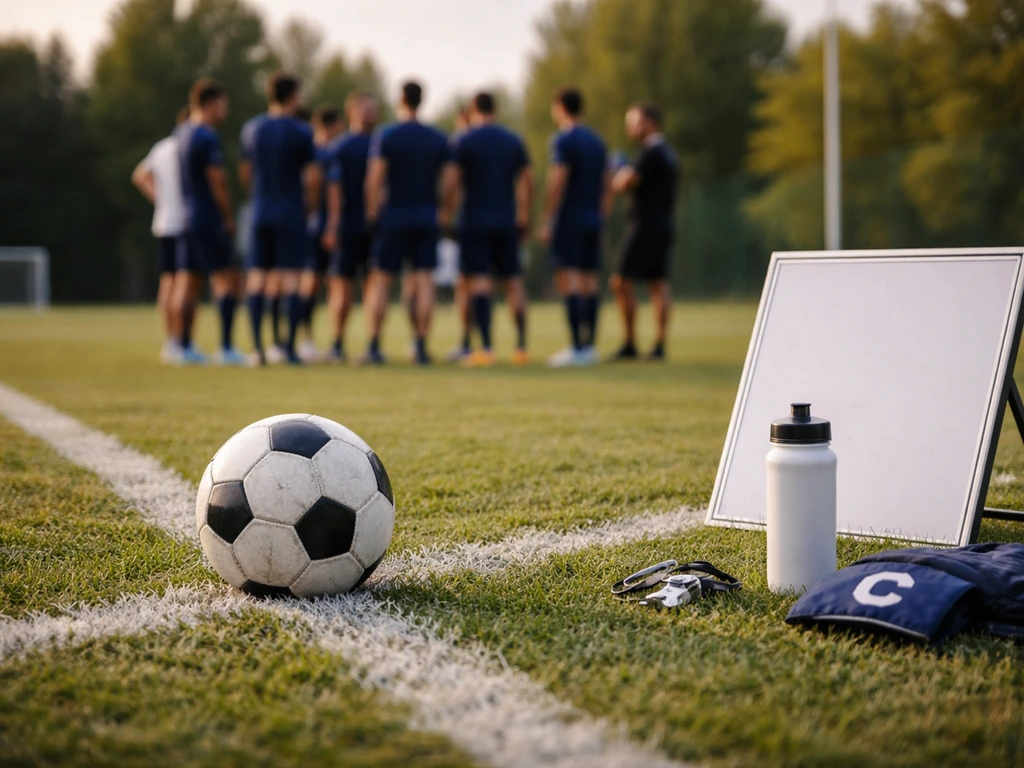 Terrain d’entraînement de football avec ballon, staff en arrière-plan et accessoires d’équipe, ambiance club.