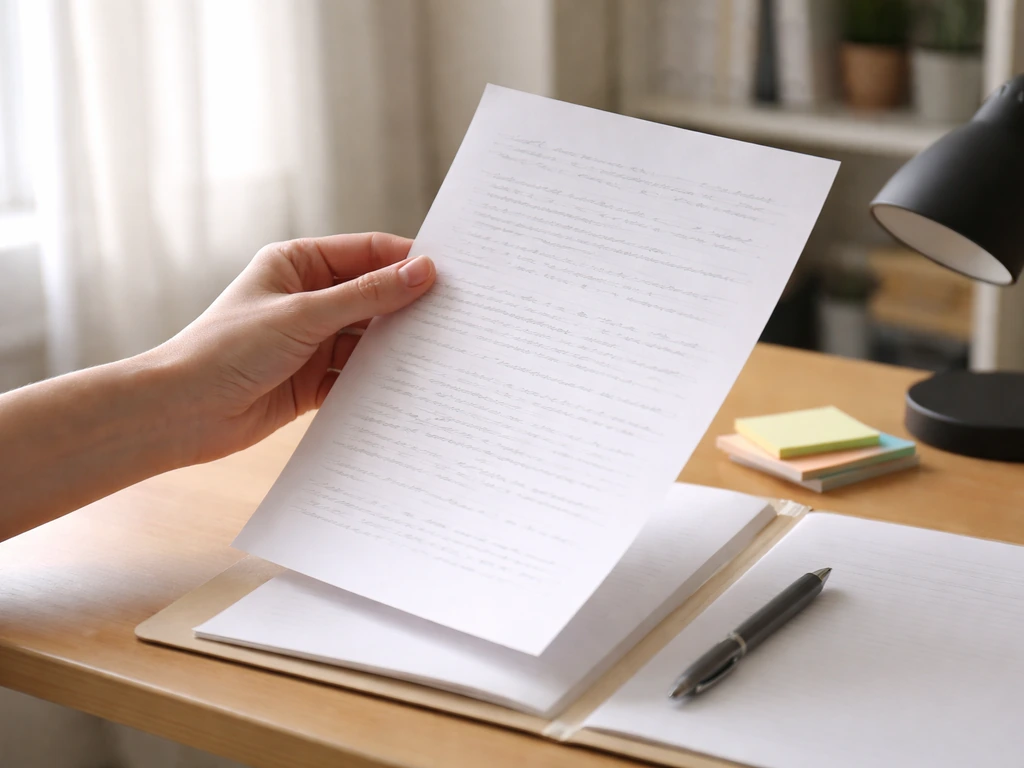 Main tenant une feuille avec des notes autour d’une offre d’emploi, ambiance bureau calme.