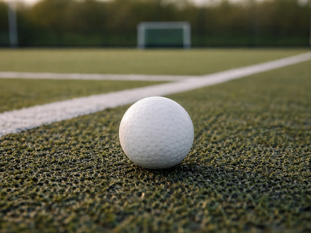 Balle de hockey sur gazon sphérique au premier plan sur terrain synthétique, but flou en arrière-plan.