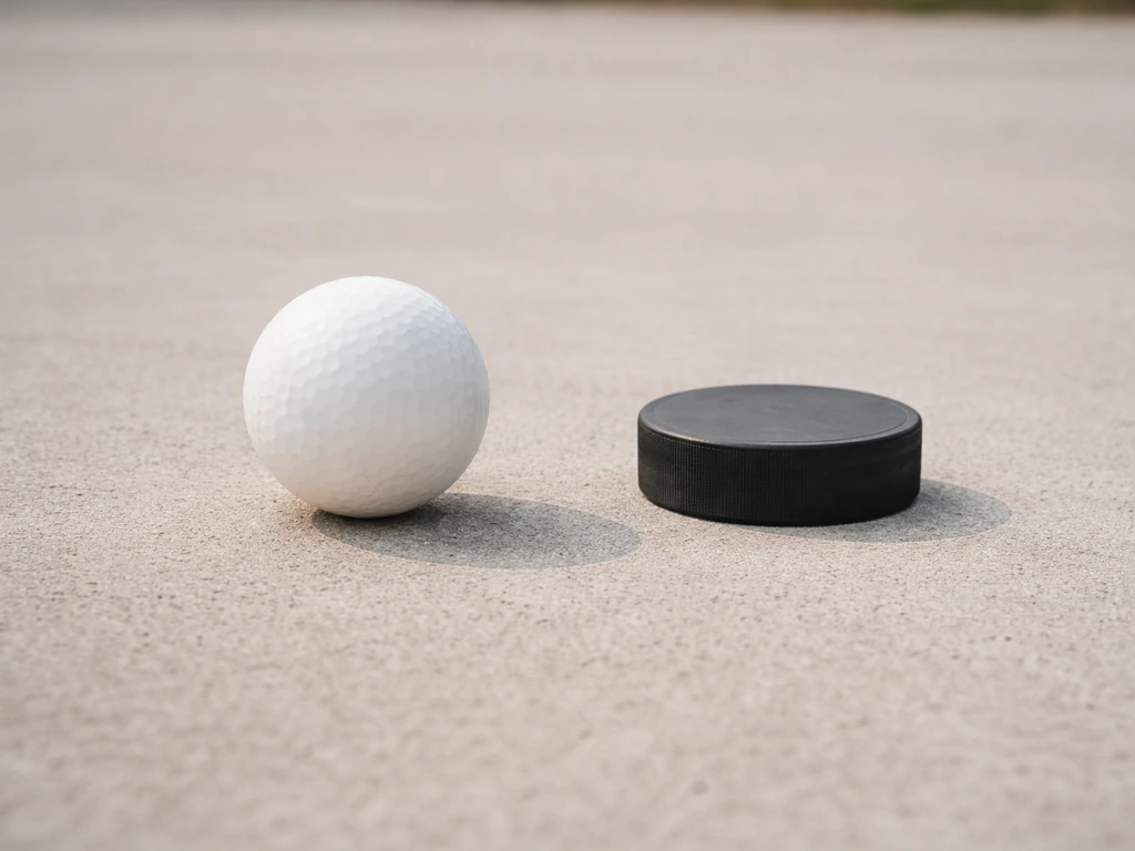Balle de hockey sur gazon blanche et palet noir de hockey sur glace, côte à côte sur un sol en béton.