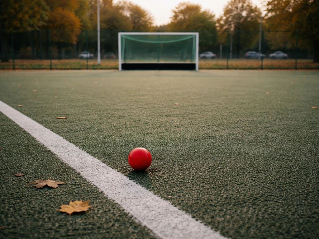 Terrain de hockey sur gazon en automne en France : but, gazon synthétique et ballon au premier plan.