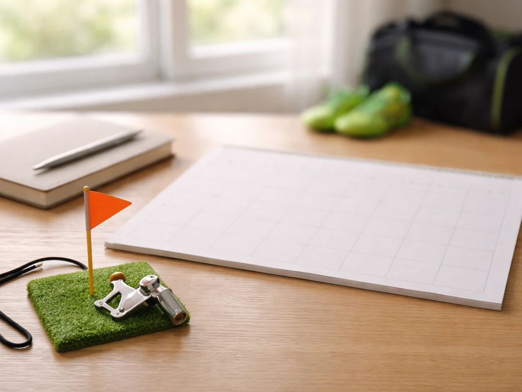 Calendrier papier vierge sur une table avec carnet, stylo et accessoires de hockey sur gazon, lumière naturelle.
