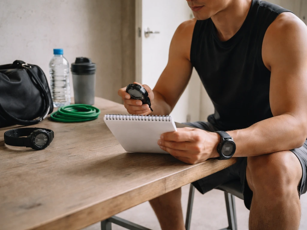 Une personne anonyme assise avec un chronomètre et du matériel de sport, suggérant une planification d’entraînement.