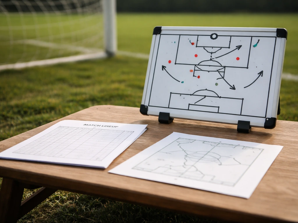 Brief d’équipe avec une feuille de match et un tableau tactique posé près d’un terrain de sport