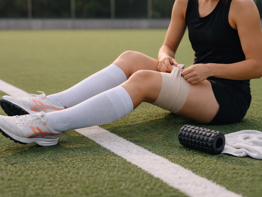 Athlète au bord du terrain : bandage de compression et rouleau de récupération après l’effort