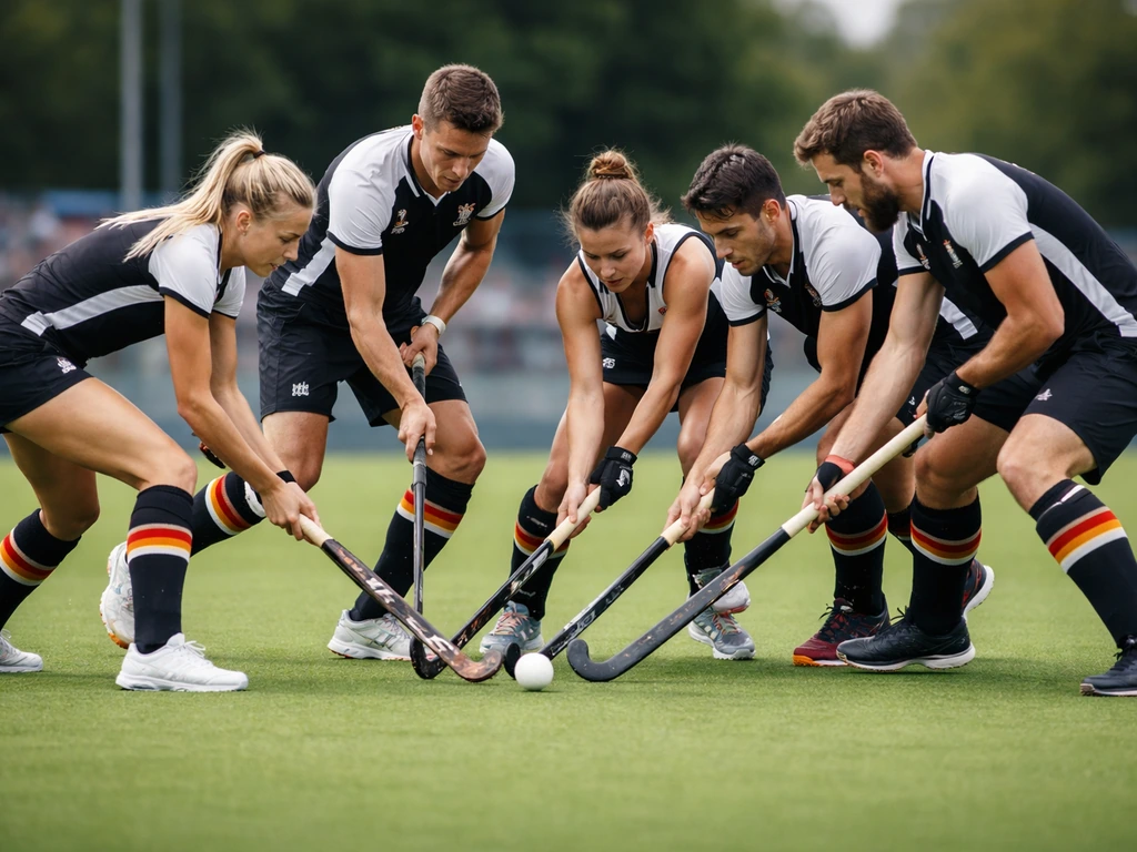 Joueurs de hockey sur gazon en match, ballon au sol, ambiance d’équipe allemande, stade en arrière-plan flou.