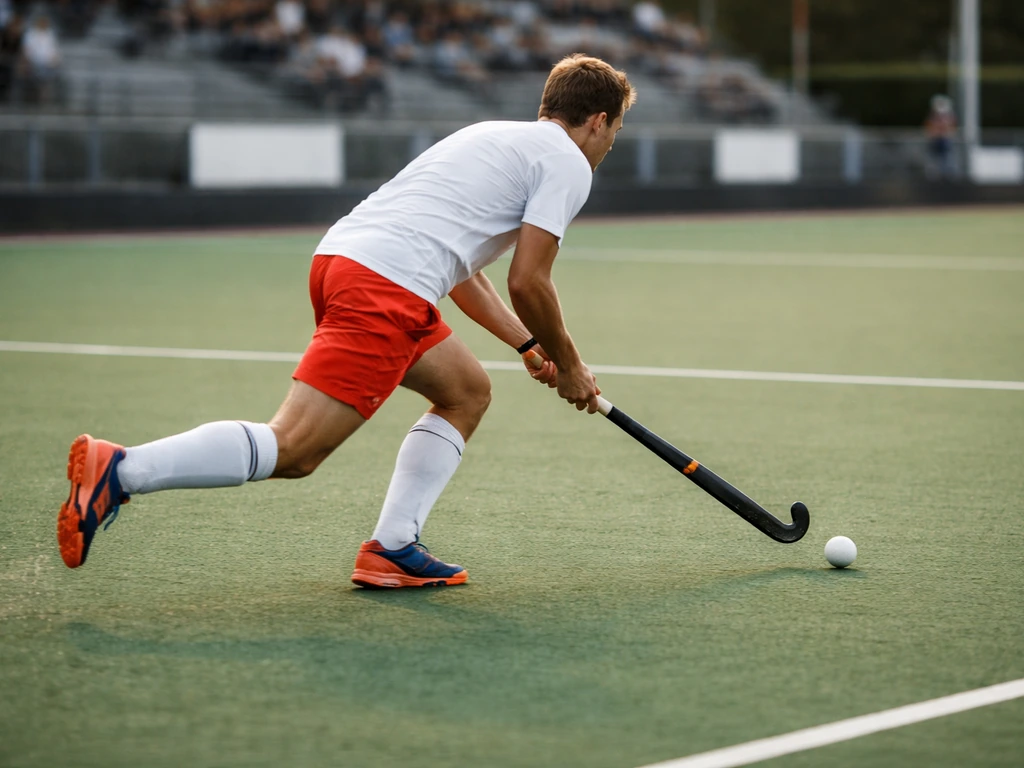 Joueur anonyme de hockey sur gazon en action sur un terrain vert de Pro League, ambiance de match.