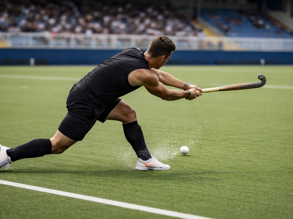 Joueur anonyme de hockey sur gazon en plein geste, terrain vert et stade flou derrière.