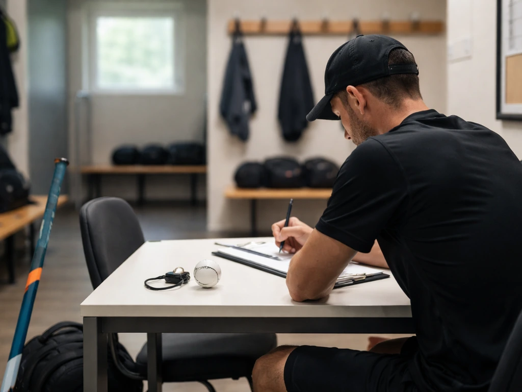 Entraîneur anonyme et matériel de hockey sur gazon dans un local technique, lumière naturelle.