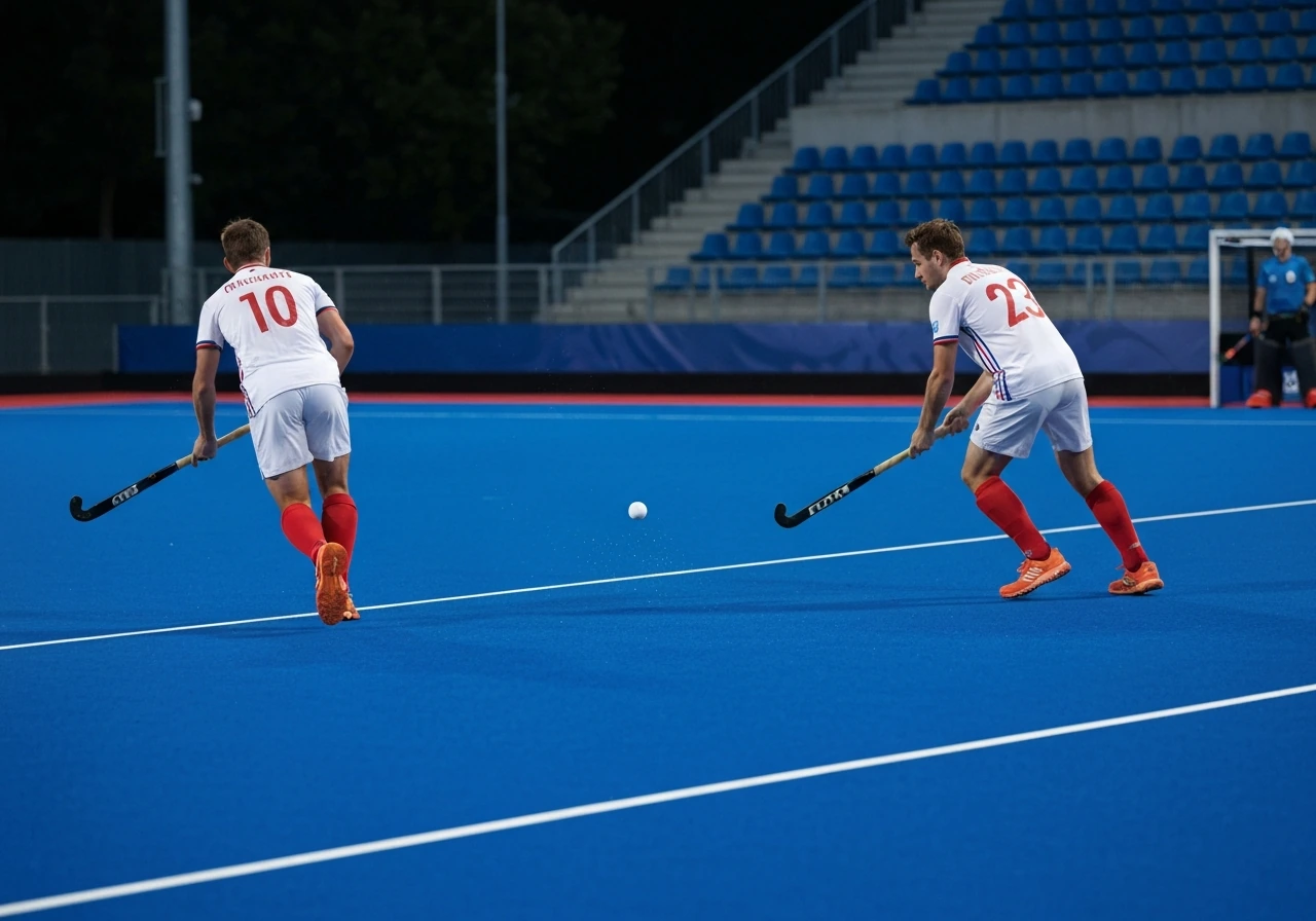 Match de hockey sur gazon France contre Grande-Bretagne sur un terrain, bâtons et ballon, ambiance de stade.