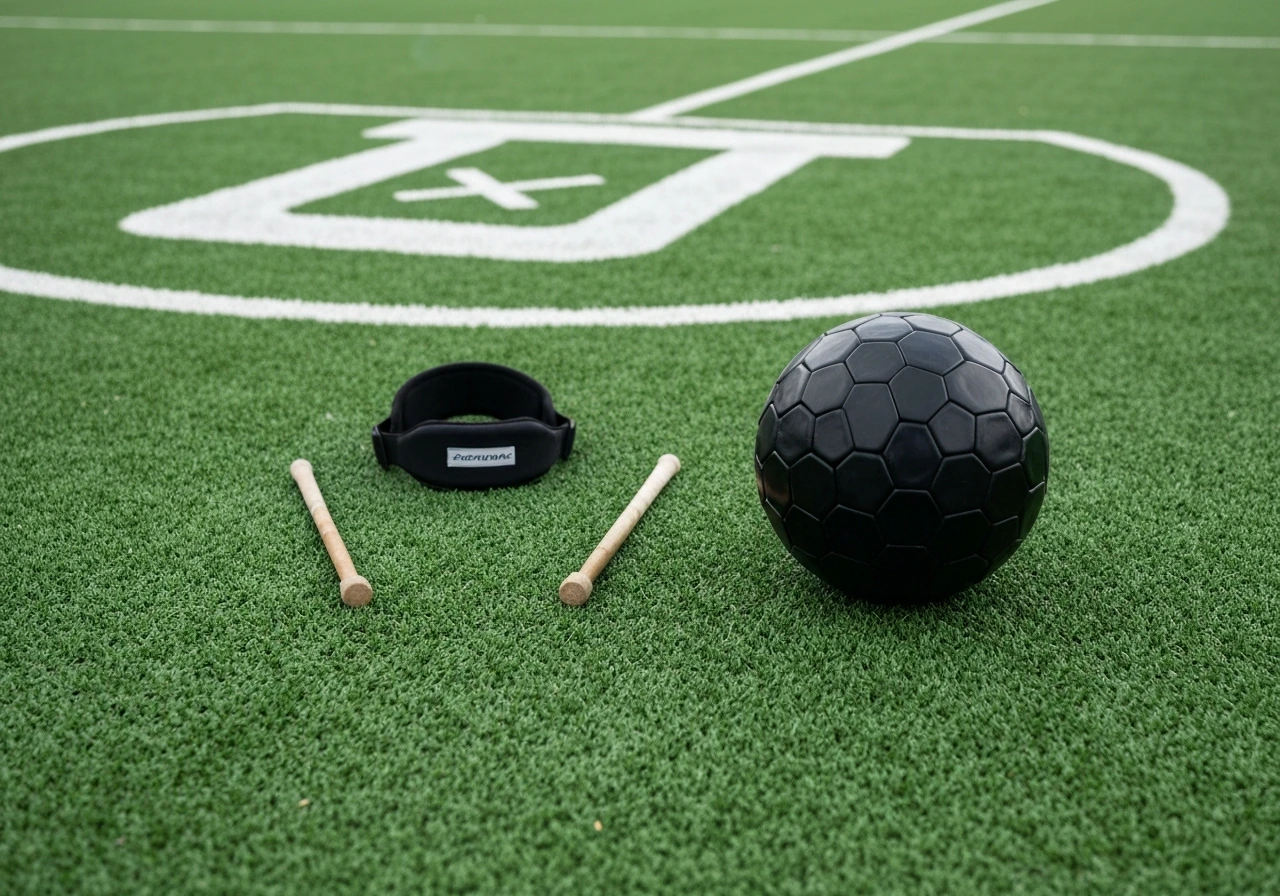 Ballon de hockey sur gazon et sifflet près d’un terrain synthétique, évoquant la confusion France/Grande-Bretagne.