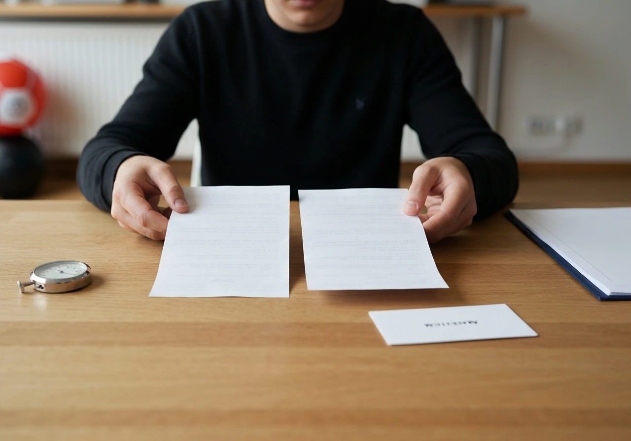 Mains anonymes comparant deux feuilles vierges près d’un chronomètre, ambiance bureau sportif.
