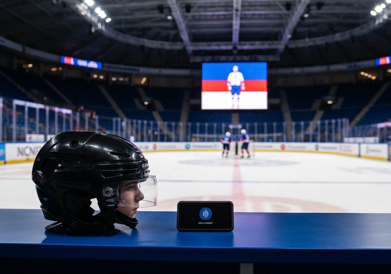 Match de hockey sur glace avec écran de diffusion et tribune en arrière-plan, ambiance TV.
