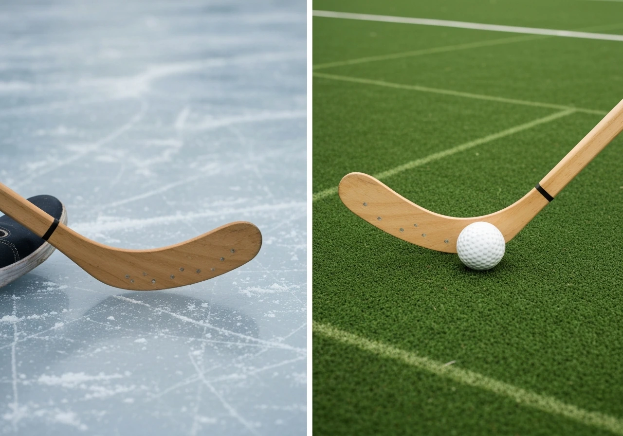 Comparatif en photo : palet sur glace et crosse/balle de hockey sur gazon, deux actions côte à côte.