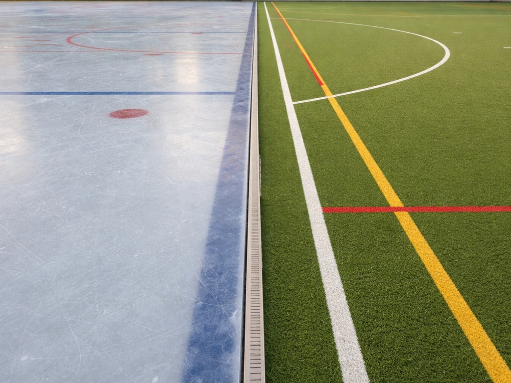 Comparaison visuelle patinoire de glace et terrain synthétique de hockey, sans personnes, lignes visibles.