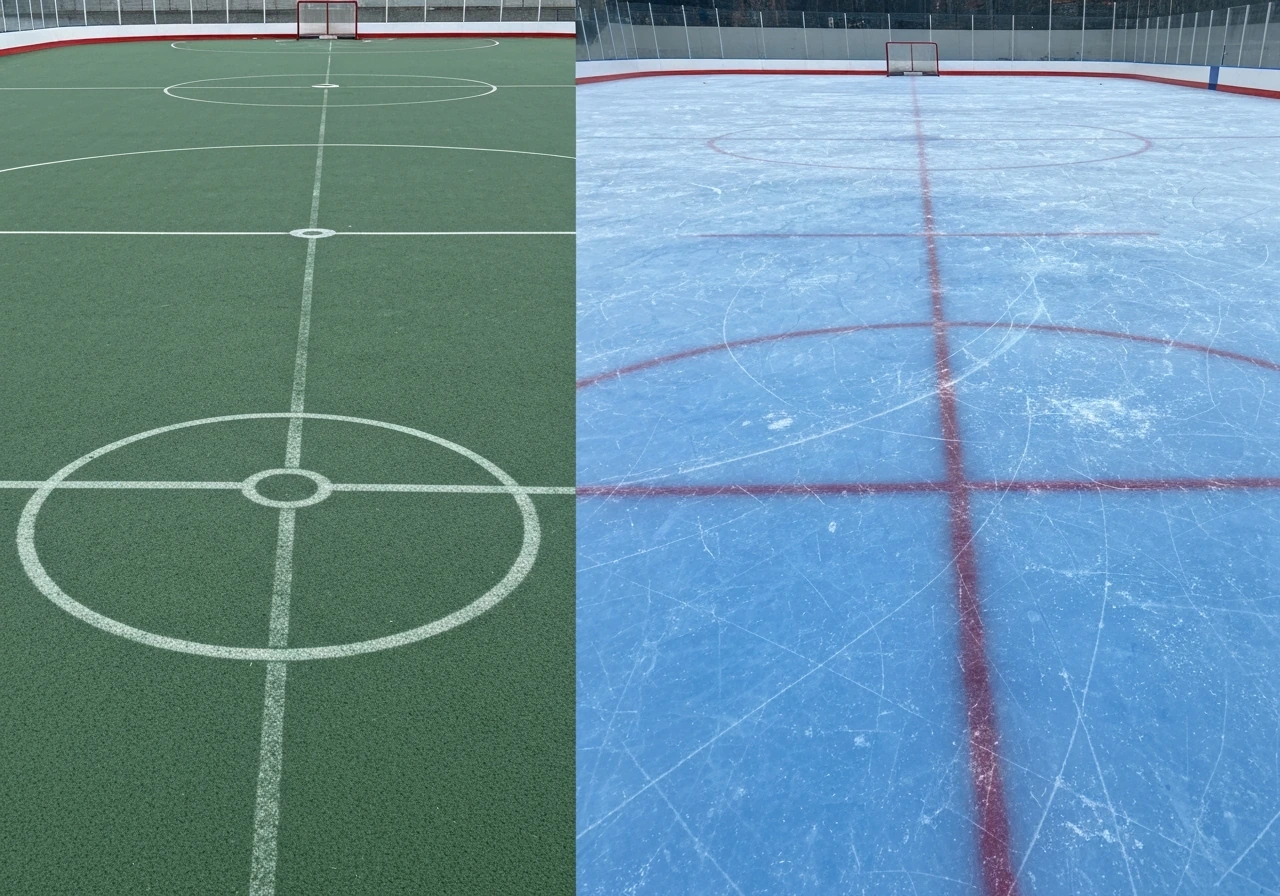 Aire de hockey sur gazon avec cercle de frappe, vue de match, et contraste discret avec une patinoire