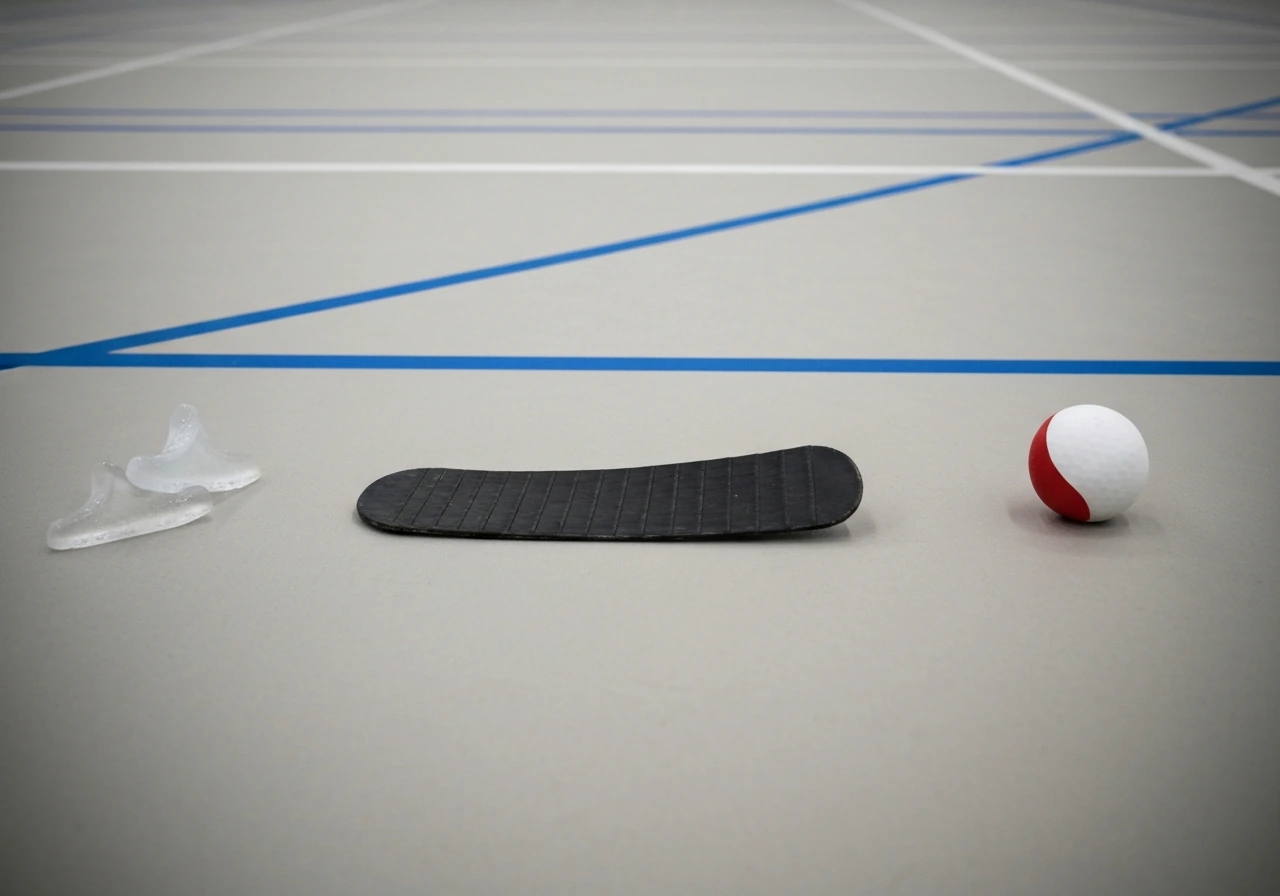 Planche photo minimaliste d’indices visuels : patins, palet noir, lignes bleues de patinoire, ballon de hockey.