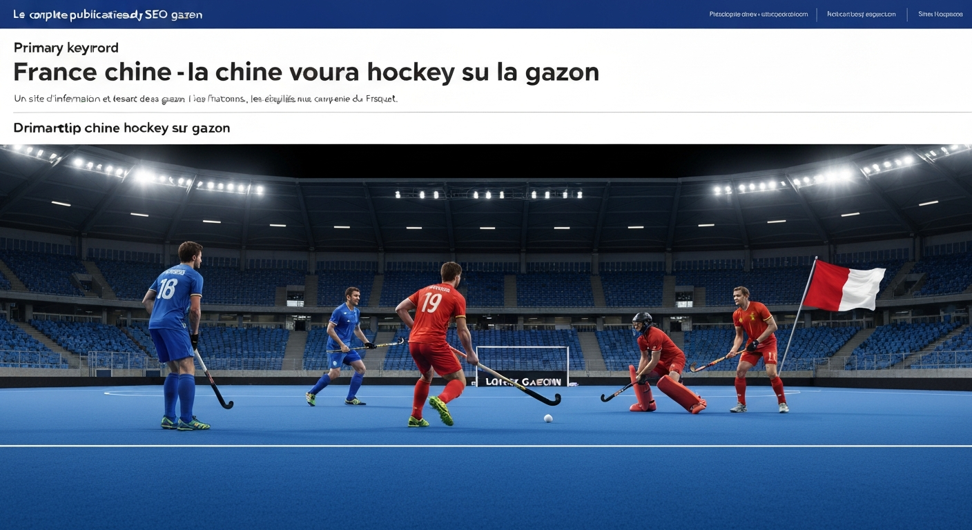 Match de hockey sur gazon France vs Chine en action dans un stade, joueurs en bleu et rouge, tir vers le but, drapeaux en arrière‑plan.