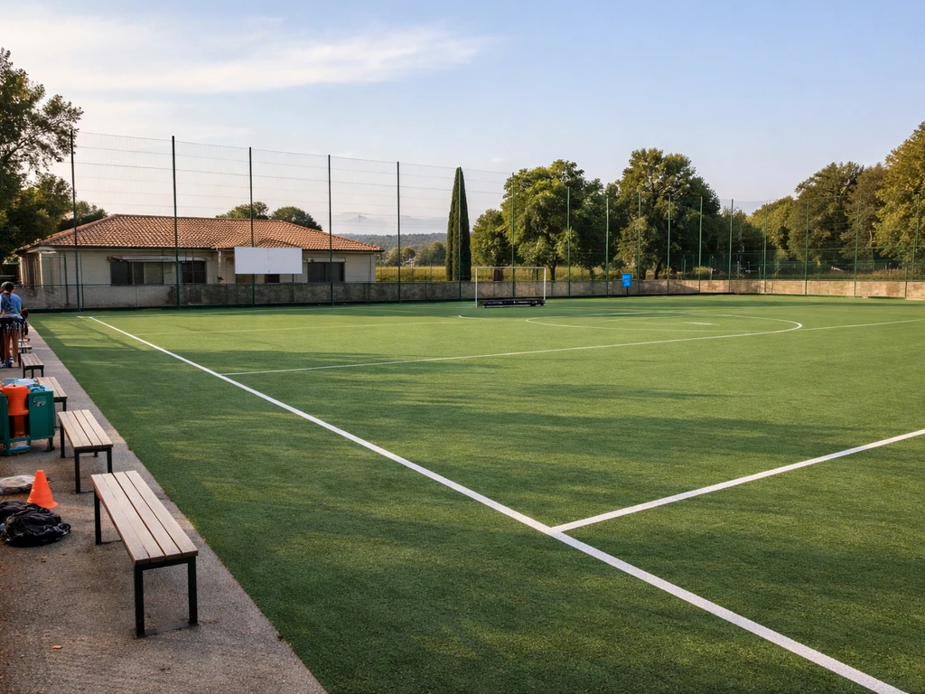 Terrain de hockey sur gazon synthétique à Salon-de-Provence, clôture et installation du club au premier plan.