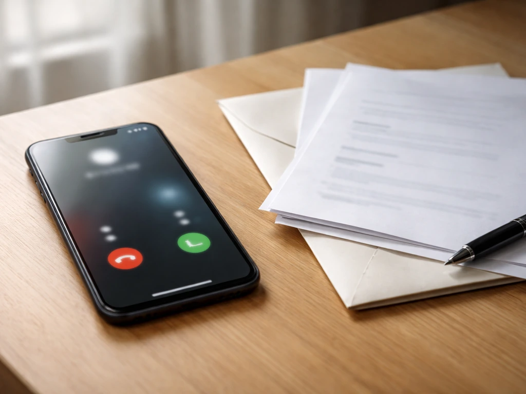 Smartphone en gros plan montrant un appel et un formulaire d’inscription, sur une table près de documents de club.