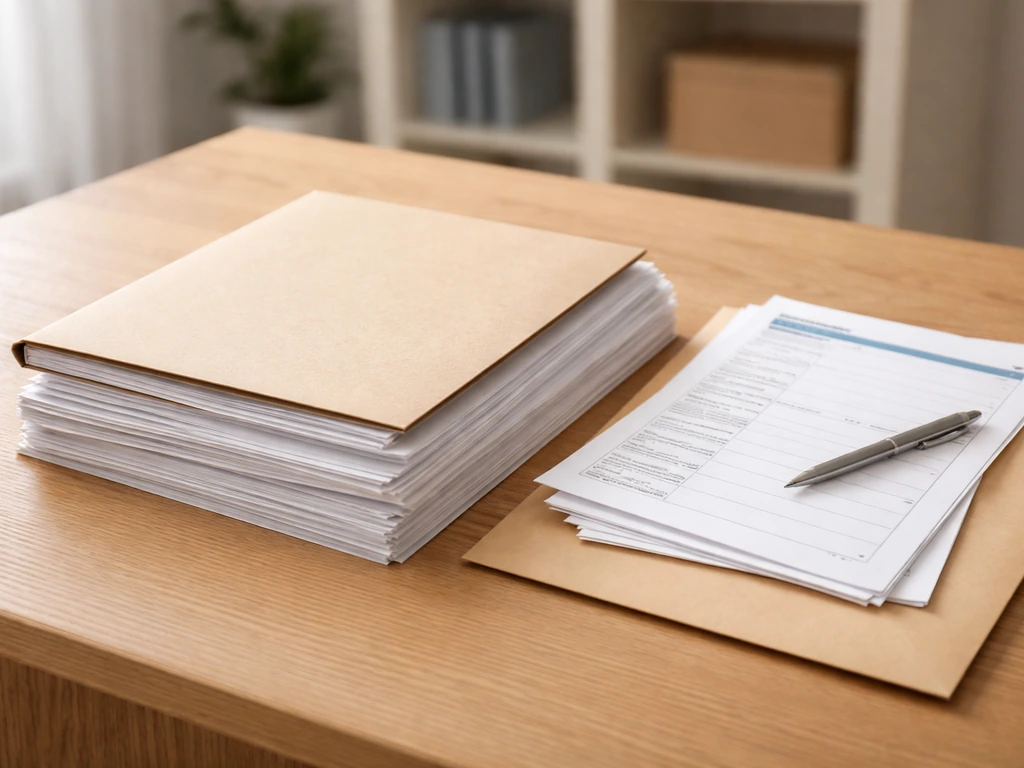 Pochette de licence et documents administratifs sur une table, ambiance bureau minimal, sans texte lisible.