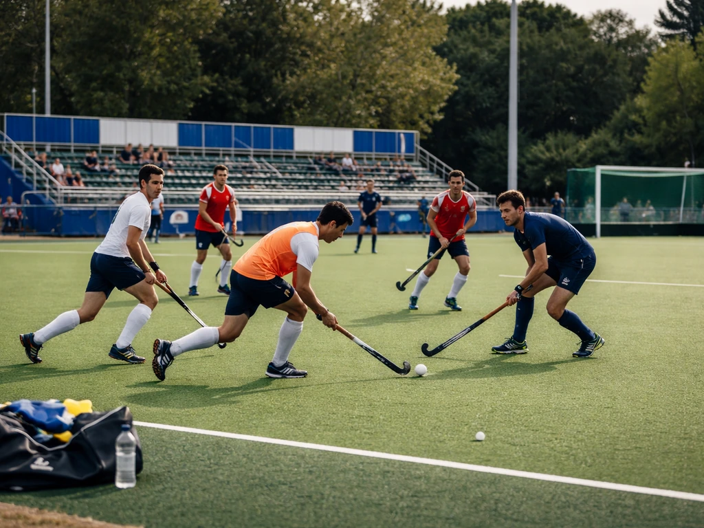 Entraînement de hockey sur gazon à Toulouse, joueurs anonymes sur terrain synthétique vert, ambiance club.