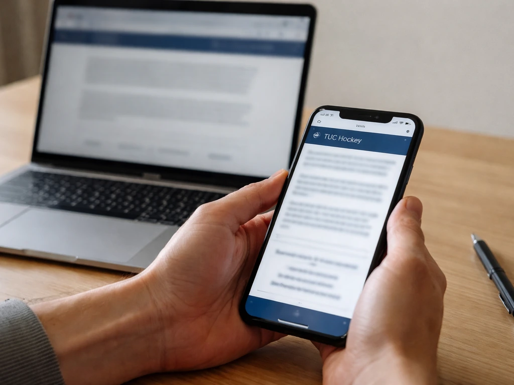 Mains anonymes consultant sur smartphone une page web officielle montrant « TUC Hockey » et les informations de contact.
