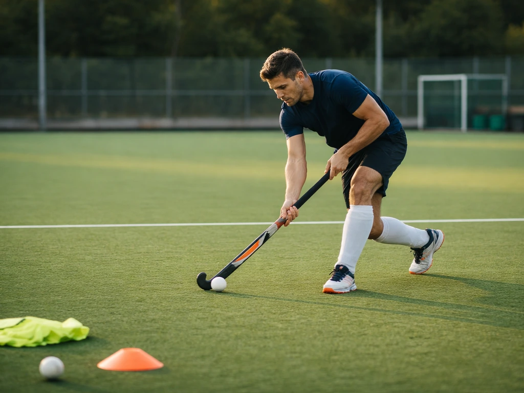 Entraînement de hockey sur gazon : joueur dribble et frappe sur un terrain en gazon synthétique