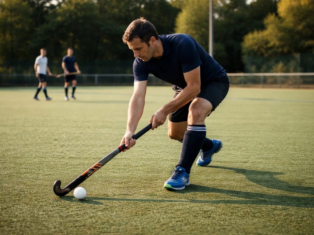 Joueur anonyme de hockey sur gazon frappant la balle en entraînement sur terrain en France.