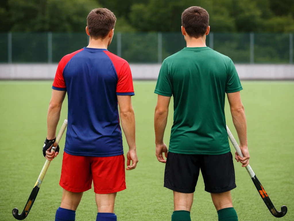 Deux joueurs de hockey sur gazon, l’un en tenue d’équipe nationale, l’autre en tenue de club, sur le terrain.