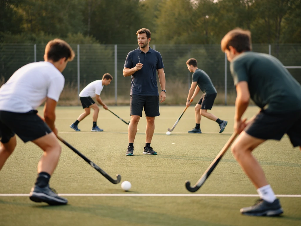 Entraîneur de hockey sur gazon donnant des consignes pendant une séance, joueurs en action sur terrain synthétique.