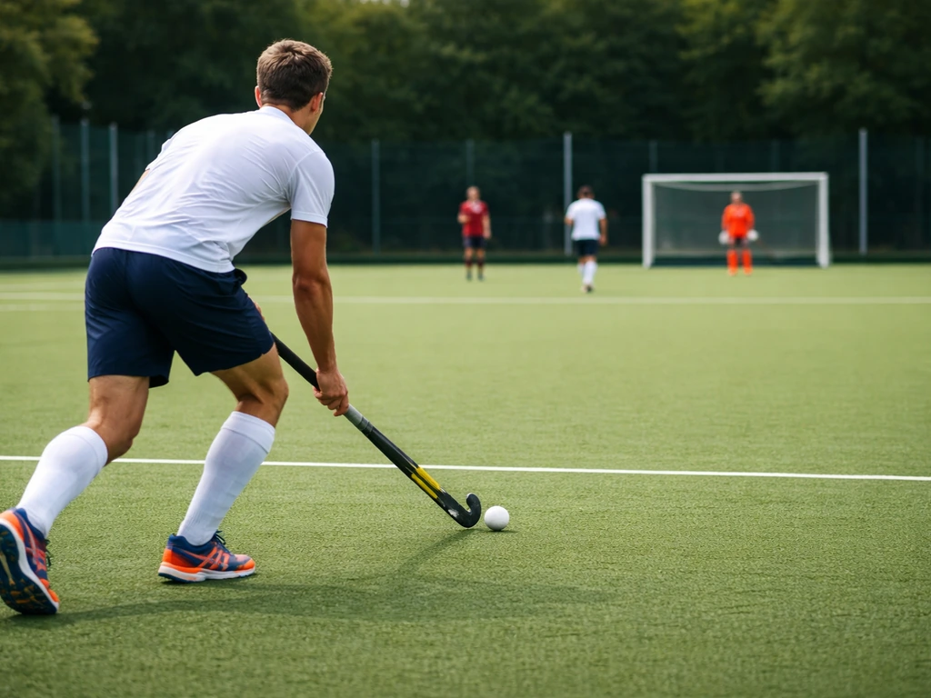 Vue de terrain de hockey sur gazon : joueur, gardien et alignements sur une pelouse en match