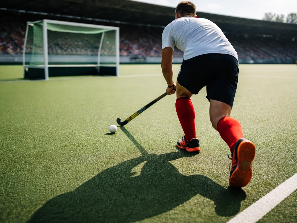 Joueur anonyme de hockey sur gazon s’élance vers le but sur un terrain vert, ambiance JO.
