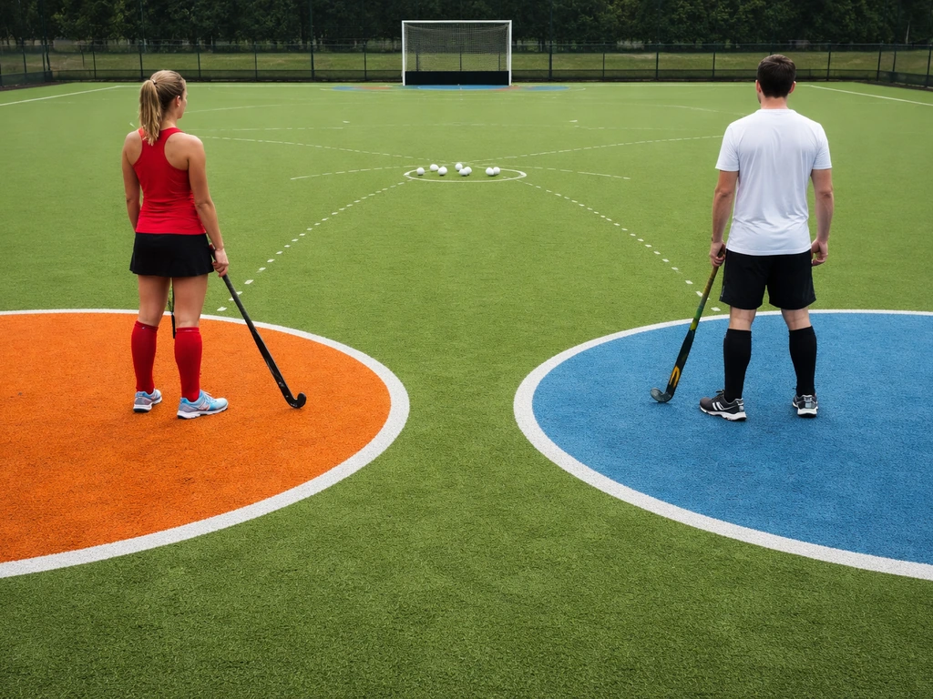Terrain de hockey avec deux zones au sol distinctes suggérant deux poules, puis une phase finale vers le but.