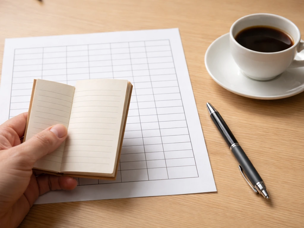 Main anonyme près d’un carnet et d’une feuille vierge sur une table en bois, ambiance de classement.