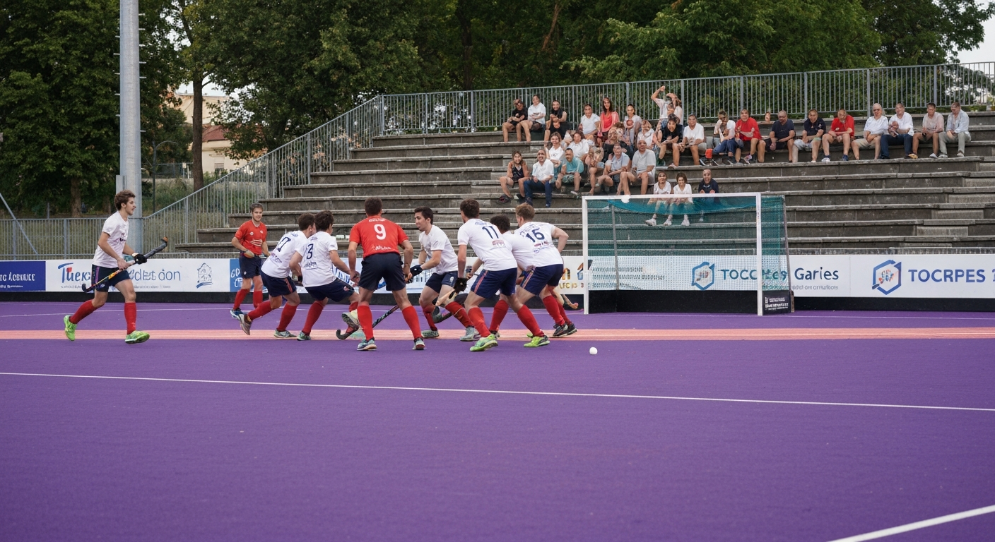 Match de hockey sur gazon en France lors d'une action offensive, tribunes et drapeaux français en arrière-plan