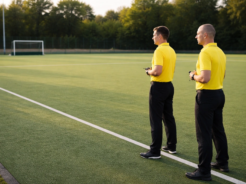 Deux arbitres en tenue sur un terrain de hockey sur gazon en France, sifflets en main, vue large en match.